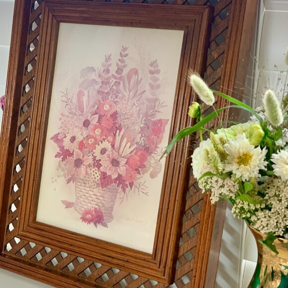 Vintage HOMCO Lattice Wood Frame w/ Floral Print – Mid Century Wall Decor 17x21 - Picture 2 of 8